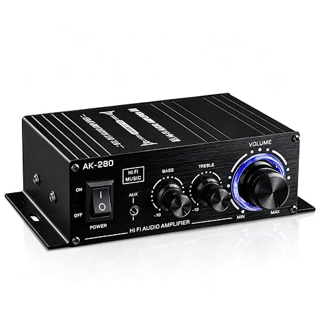 Stereo Amplifier, Mini Home Audio 2 Channel HiFi Power Amp, Class AB Amplifier with Bass Treble Control, RCA AUX Input for Passive Speakers, PC, TV, Phone, MP3, DVD, (Power Supply NOT Include)