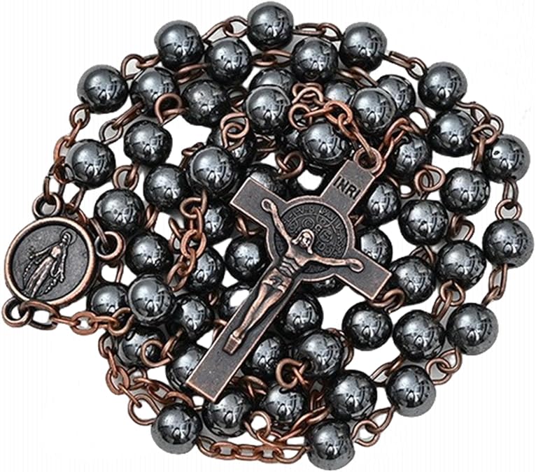 Catholic Rosary Necklace, 6mm Hematite Beads,Benedict Medal, Crucifix Cross