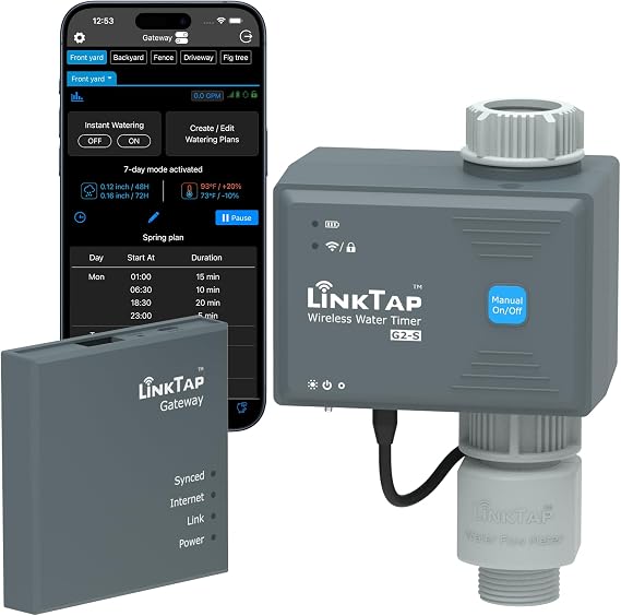 LinkTap G2S Wireless Water Timer & Gateway, Smart Hose Timer for Garden, Weather Adaptive, Wider Range Than WiFi, Real-Time Fault Detection & Notification, IP66,