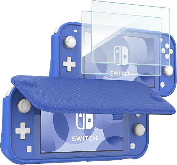 ProCase for Nintendo Switch Lite Flip Case with 2 Pack Tempered Glass Screen Protectors, Slim Soft Cover Anti-Scratch Protective Case for Nintendo Switch Lite 2019 -Blue