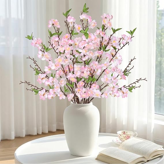4PCS Artificial Cherry Blossom Branches Pink Artificial Spring Flowers 36.2in Long Stem Fake Flowers Plum Blossom Stems Silk Flower Arrangements for Vase Home Wedding Outdoor Indoor Decor
