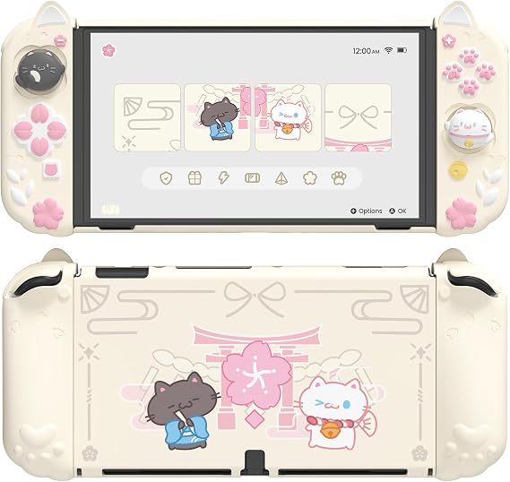playvital Protective Case for Nintendo Switch OLED with Extra Stand - Cherry Blossoms Kitten Dockable Hard Shell Cover + Silicone Grips for Switch OLED with Thumb Grips, Shockproof - Antique Yellow