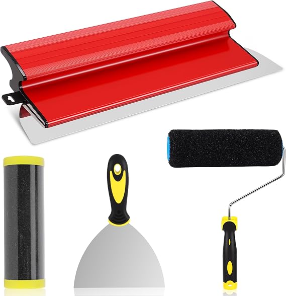 Plastering Trowel, 40cm Drywall Smoothing Spatula Drywall Skimming Blade with Roller Brush and Putty Knife, Brick Jointer Gauging Trowel 3PCS Speed