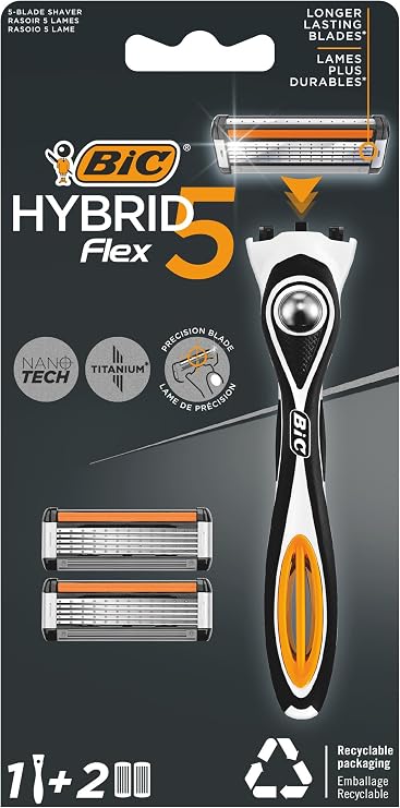 BIC Hybrid 5 Flex Erkek Tıraş Bıçağı 1 Sap ve 2 Yedek Başlık (5 Bıçak), 5 Nano Teknolojik Titanyum Bıçak, E Vitamini ile Zenginleştirilmiş Geniş Kayganlaştırıcı Bant