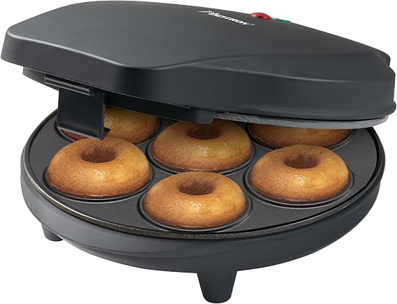 Bestron Donut Maker, Mini Electric Donut Maker for 7 Small Donuts, Including Cooking Traffic Light and Non-Stick Coating, 700 Watts, Colour: Matte Black