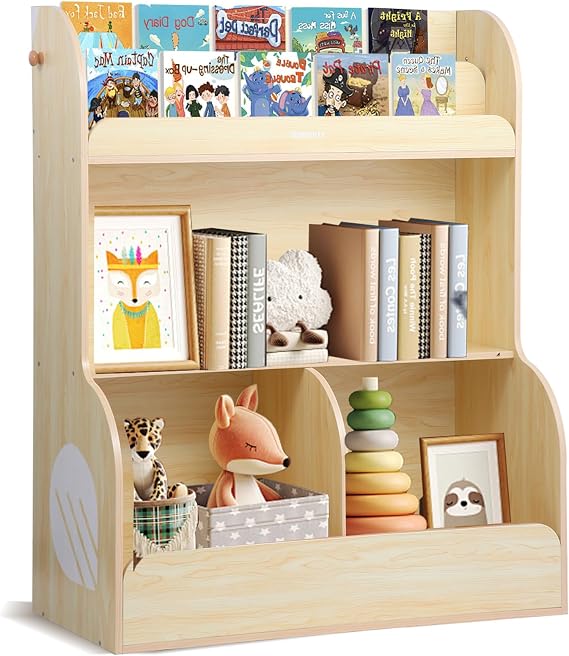 Asweets 2 in 1 Kids Bookshelf & Montessori Toy Storage Cubby, 3 Tiers Children Wooden Bookcase, Fit for Kids Room, Playroom, Kindergarten, Nursery, 31.5''L x 14.6''W x 39.4''H (Wood Color)