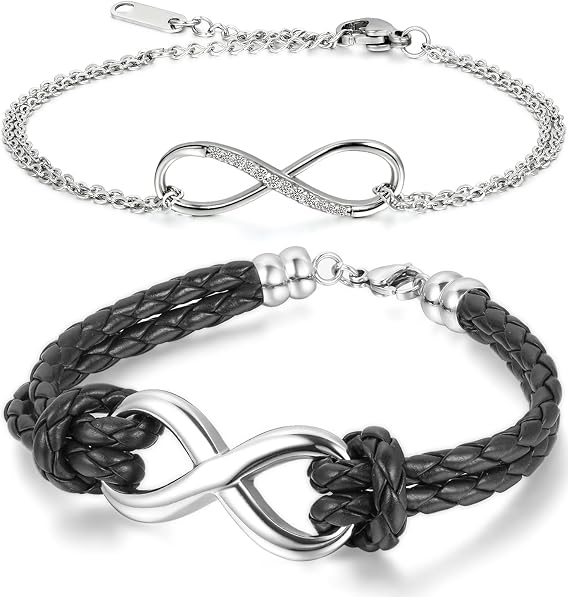 Cupimatch 2PCS Love Infinity Stainless Steel Leather Couples Bracelet Bangle for Men Women Couple Bracelets