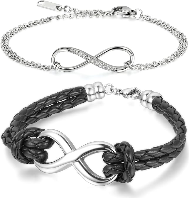 Cupimatch 2PCS Love Infinity Stainless Steel Leather Couples Bracelet Bangle for Men Women Couple Bracelets