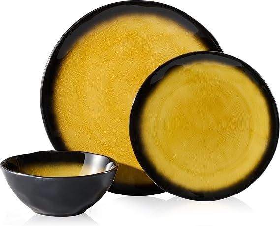 KINGSTONE 12-Piece Dinnerware Set for 4, Ceramic Plates and Bowls Sets