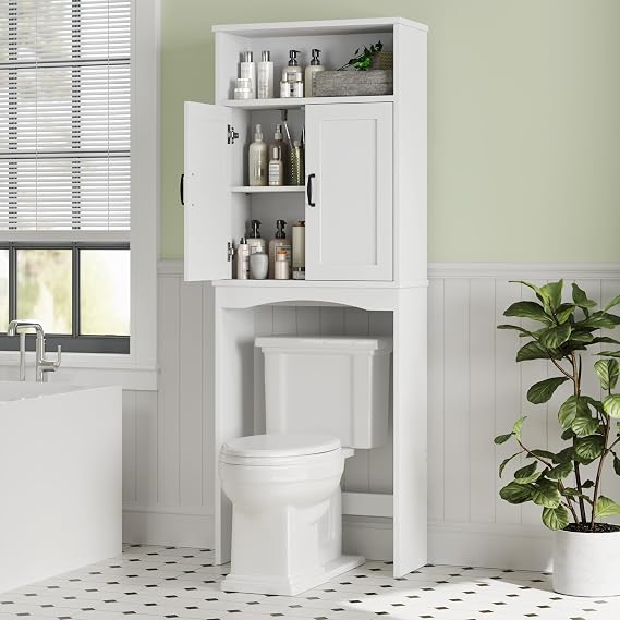 Over The Toilet Storage, Over The Toilet Storage Cabinet with Adjustable Shelf and Double Doors, Over The Toilet Cabinet for Bathroom Storage Over Toilet Bathroom Organizer (White)