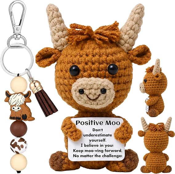 2Pcs Highland Cow Keyring with Plush Animal, Desk Decor and Emotional Support Gift for Women, Highland Cow Gifts with Keychain for Daily Motivation, Gifts for Women