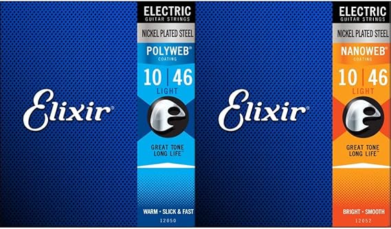 Elixir 12050 Strings Electric Guitar Strings w POLYWEB Coating, Light (.010-.046) & 12052 Strings Electric Guitar Strings w NANOWEB Coating, Light (.010-.046)