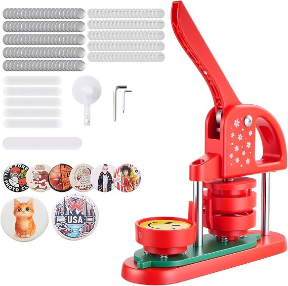 VEVOR Button Maker Machine, 58 mm, Plastic Pin Maker with 100pcs Button Parts, Circle Cutter and Hex Wrenches, Reinforced Ergonomic Handle, for DIY Badges, Personalized Pins and Key Chains (Red)