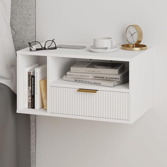 JERX Floating Bedside Table, Wall Mounted Nightstand with Storage Drawer Modern Wooden Bedside Table for Bedroom White
