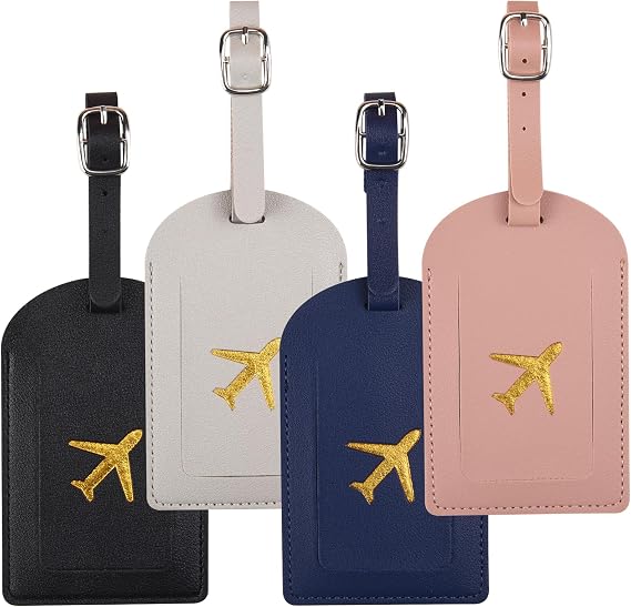 4 Pcs PU Leather Luggage Tags for Suitcases, Waterproof Baggage Label Address Name ID Card Tag Set Travel Bag Accessories with Adjustable Strap Privacy Protection Cover for Preventing Loss