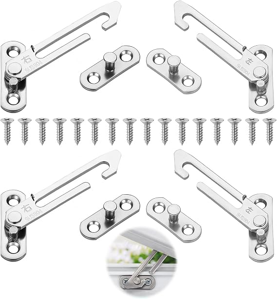 4 Pcs Window Restrictor for UPVC, Window Lock Stainless Steel, Window Latches Security Chrome, Window Catch Left Right Hand for Home School Kindergarten