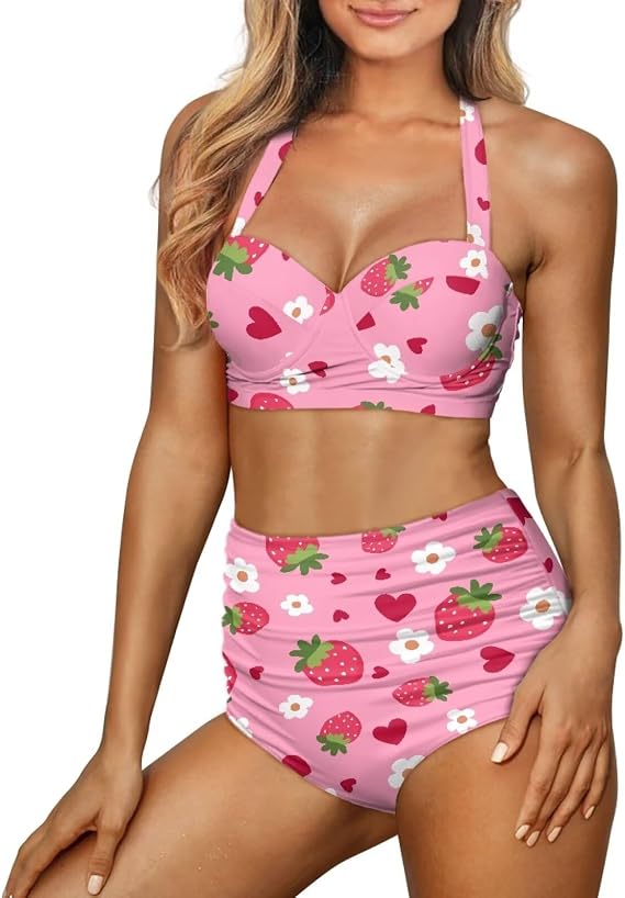 Poceacles Women 2 Piece Bikini Set Halter Swim Suit Padded Bathing Suit Print Swimwear with Tummy Control Bottom for Summer