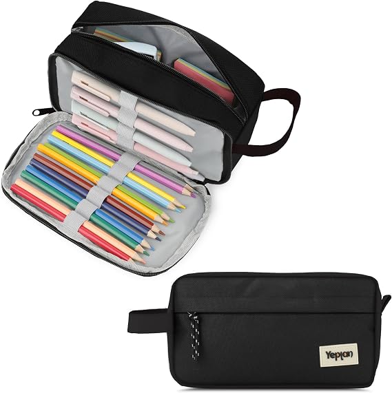 Yeplan Black Drawstring Pencil Case, Large Pencil Pouch with Handheld Strap, Durable 2-Way Opening Pen Bag, Functional Cute Pencil Case & Pen Pouch for Girls Kids Adults, Portable Makeup & Travel Bag