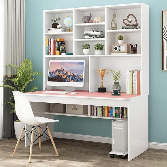 Compact Pink Computer Desk with Bookshelf 47 Inch Wood Writing Table for Teens & Students Stylish Home Office Workstation with Hutch Perfect for Small Spaces