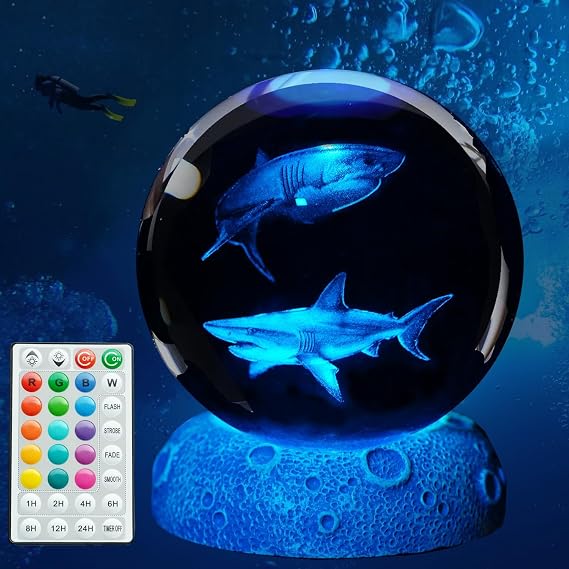 Shark Night Light, 3D Crystal Ball Shark Lamp, Underwater Gifts with 16 Color Remote Upgraded 3.15 Inch Ball for Room Decor Boys Girls Birthday Xmas Cool Figurines Gifts [Energy Class G]