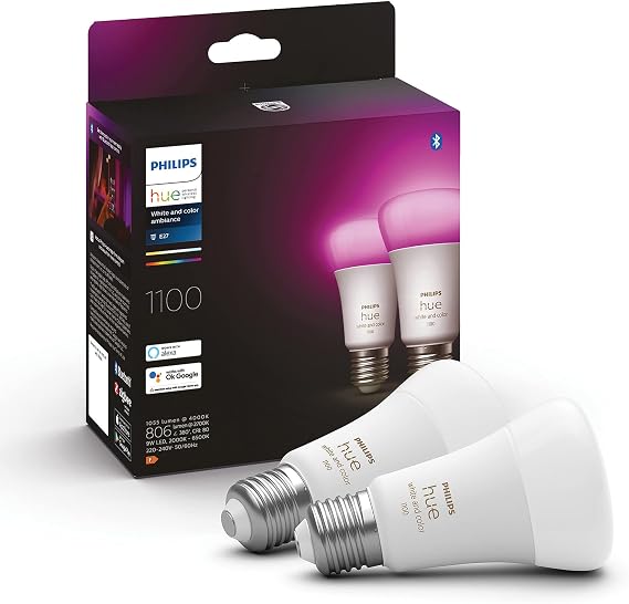 Philips Hue White and Colour Ambiance Smart Light Bulb 2 Pack 75W - 1100 Lumen [E27 Edison Screw] with Bluetooth. Works with Alexa, Google Assistant and Apple Homekit