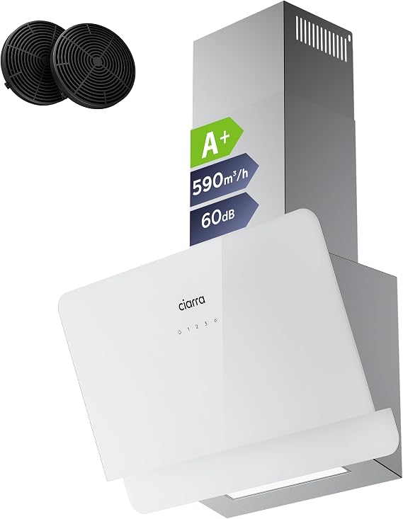 Ciarra CBCS6765C Clase A+ Campana de Pared Inclinada 60 cm 580 m³/h - 3 Velocidades - Modo Reciclaje o Evacuación - Filtro de Carbón CBCF055 Incluido - Control Táctil - Panel de Cristal [Energy Class A+]