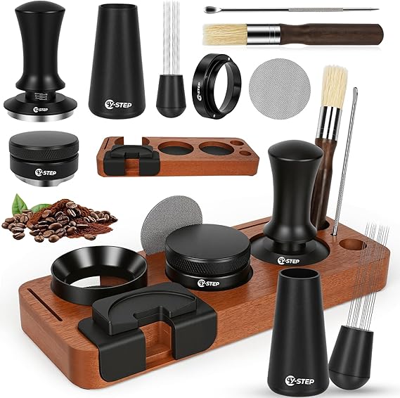Y-Step 8 PCS Espresso Machine Accessories Kit: 53.5mm Espresso Tamper Tools, with Coffee Espresso Tamping Station, WDT Tool, Distributor, Stirrer, Dosing Funnel, Puck Screen, Fits 54mm Portafilters