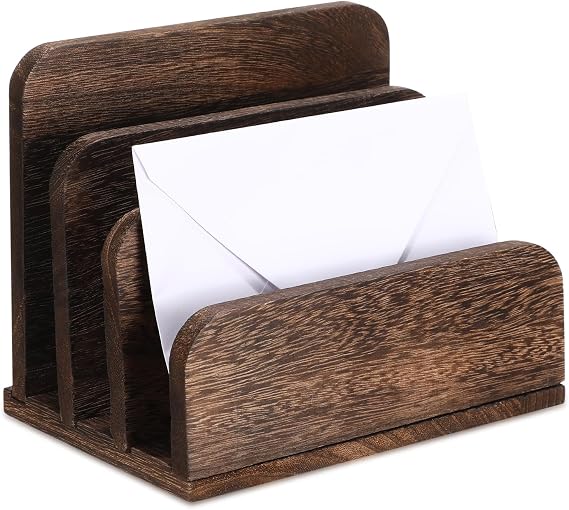 Briwooody Wooden Mail Organizer 3 Slots Mail Holder, Dark Brown