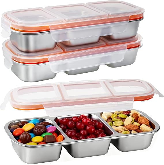 Greentainer Snack Box with 3 Compartments Snack Plate with Stainless Steel Lid Reusable Divided Snack Box for Sweets Nuts Biscuits and Vegetables Snack Tray To Go for Children and Adults Pack of