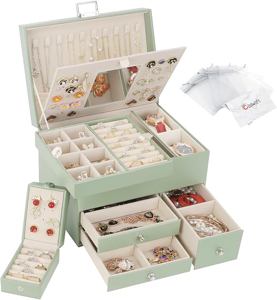 Jewellery Box Organiser, 3 Layers Large PU Jewelry Storage Case with Portable Case, Jewellery Box with Removable Tray and Mirror for Necklace Earring Ring Watch, Avocado Green