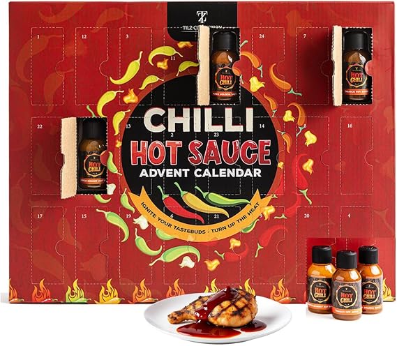 Hot Sauce Advent Calendar 2026-24 Days, Chilli Sauce, Hot Sauce Gift Set |Food Gifts For Men, Women, Xmas Gifts For Men, Women, Xmas Present, Vegan Christmas Food, BBQ, Habanero, Jalapeño Heat
