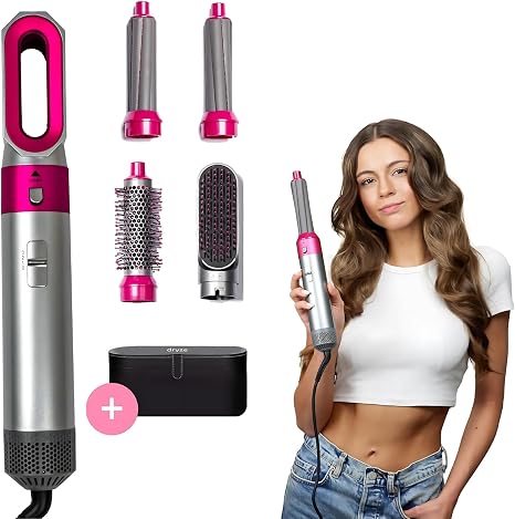 Airstyler 5-in-1 Curling Iron Hair Dryer Warm Air Brush Hair Dryer (Pink/Grey)