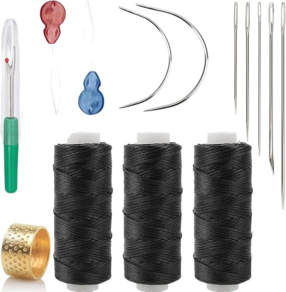 14 Pcs Waxed Thread Kit, Leather Repair Needles and Strong Sewing Thread, Portable Leather Repair Kit, Heavy Duty Upholstery Thread for DIY, Carpet, Handmade Sewing, Canvas (Black)