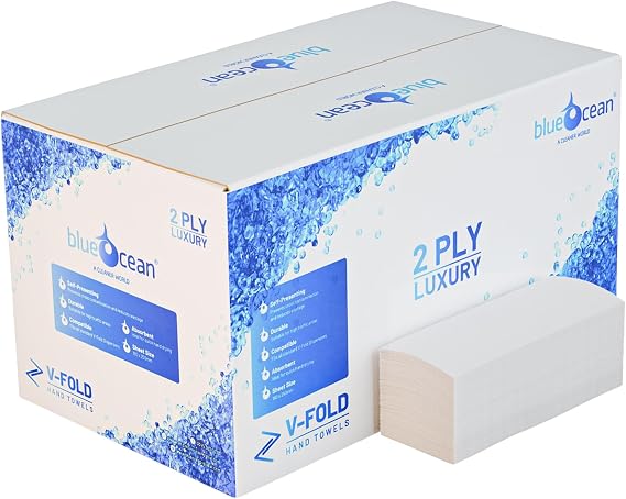 BLUEOCEAN V Fold Paper Towels (2 Ply) | Interfold Luxury White Hand Towel (3300 Sheets) - Strong & Super Absorbent Disposable Hand Towels for Bathrooms, Catering, Cleaning & Hand Drying