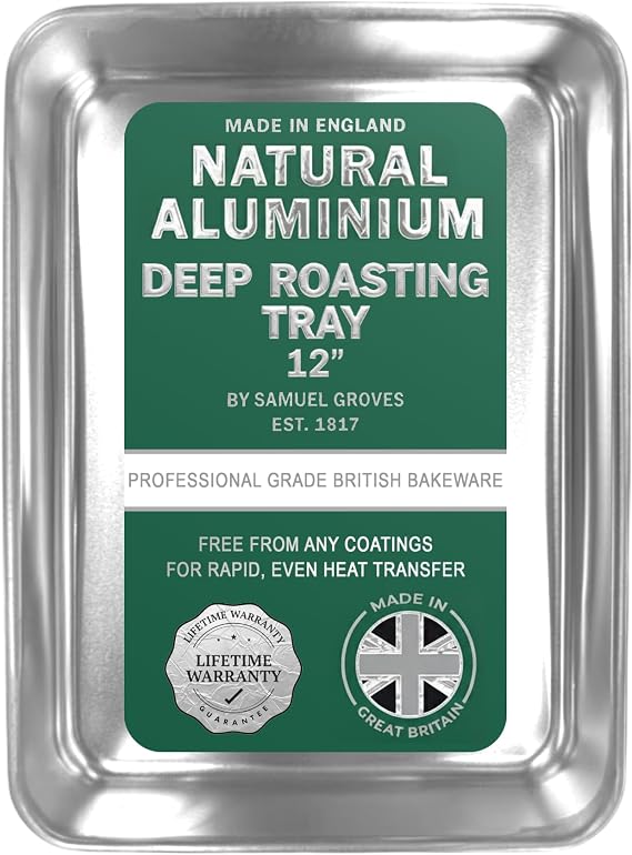 Samuel Groves 12" Professional Aluminium Deep Roasting Tray– Made in England - 32 x 22 x 5cm – Aluminium Bakeware, Non-Toxic Natural Uncoated Roasting Tin – Bakewell Pan (Deep Roasting Tray, 12")