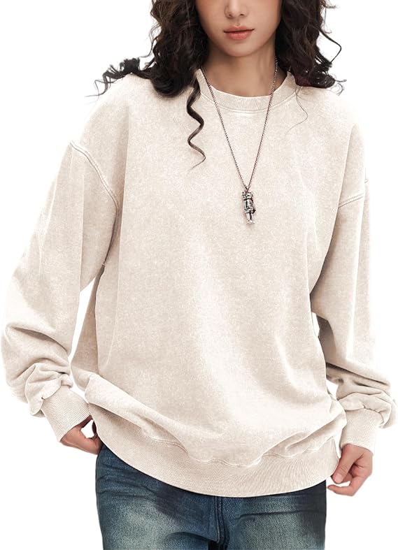 Wyeysyt オーバーサイズ スウェットシャツ 女性用 ヴィンテージ ルーズフィット コットン スウェットシャツ クルーネック バギー アシッド ウォッシュ プルオーバー ティーン Y2k