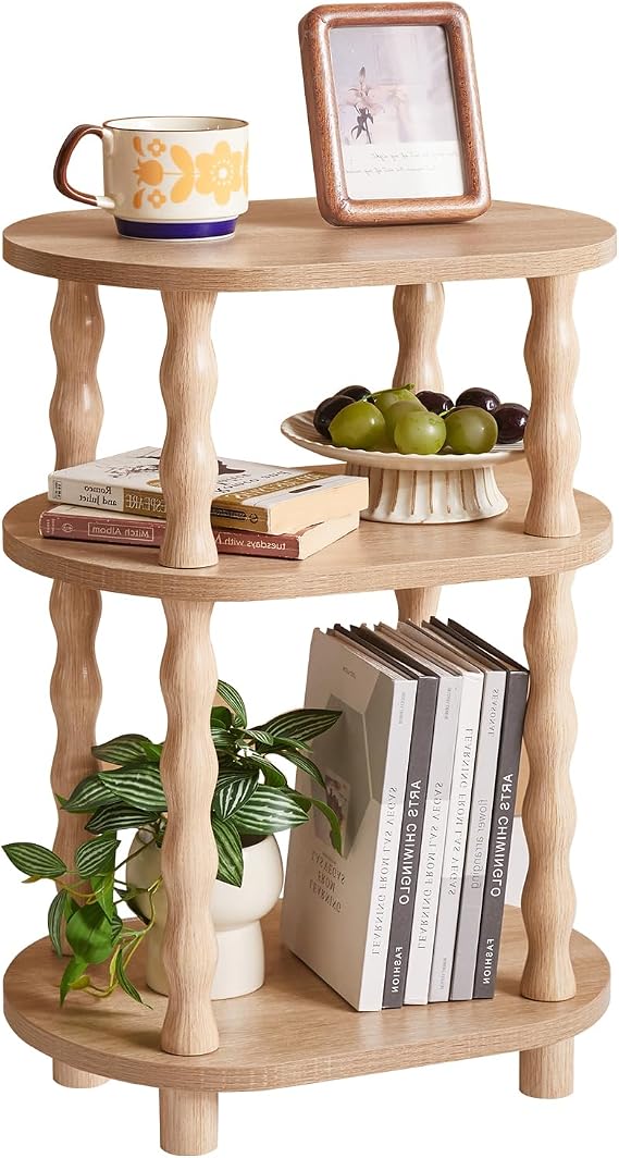 Aibiju 3-Tier Side Table with Solid Wood Legs, Small Oval End Table Slim Coffee Tables, Industrial Nightstand with Storage Shelf for Bedroom, Living Room, Hallway, Oak YD-ST004R