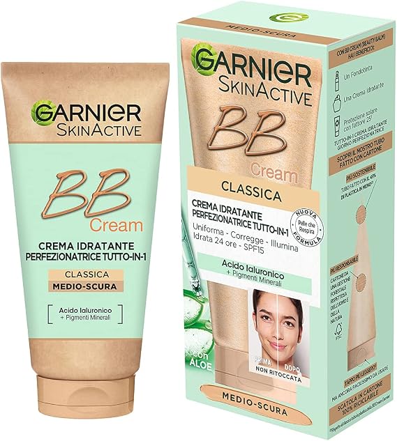 Garnier BB Cream Classic SkinActive for Even, Hydrated Skin, Natural Looking, Enriched with Hyaluronic Acid, Aloe Vera & Mineral Pigments, SPF 15, Medium Dark Tone