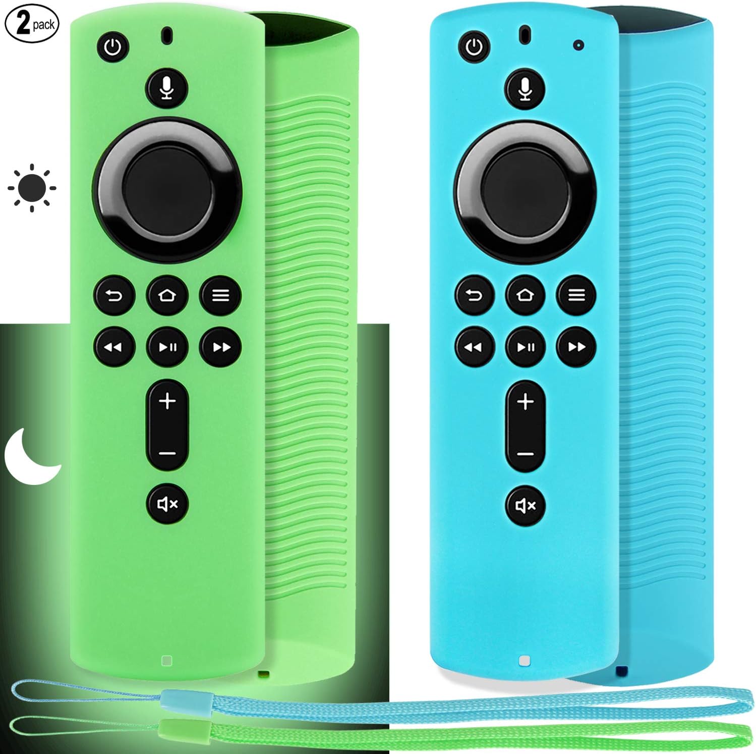 Pinowu Firestick Remote Cover Case 2 Pack Compatible with Fire TV Stick 4K Alexa Voice Remote Control 5.6” 2nd Gen Green Glow& Turquoise Not Glow