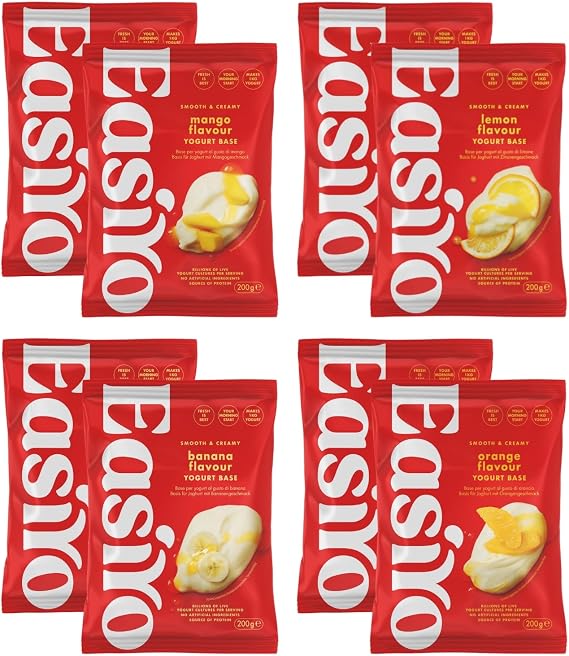 EasiYo Yogurt 8 Sachet Mixed Pack | 2x Mango, 2x Orange, 2x Lemon, 2x Banana | Each Sachet Makes 1KG | Homemade Yoghurt | Gluten Free & Vegetarian