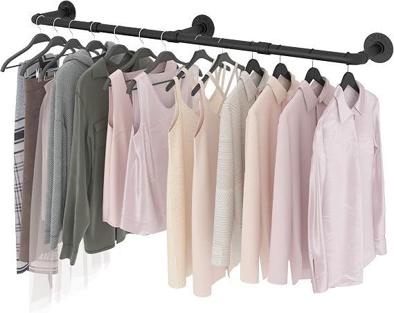 Wall Mounted Clothes Rail, 186CM Industrial Pipe Clothing Rack, Detachable Heavy Duty Metal Garment Rail, Industrial Clothes Rail Wall Mounted for Closet, Retail Shop & Home Storage