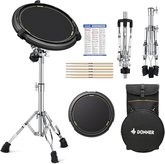 Donner Drum Practice Pad Stand Kit, Snare Drum Stand with 12'' Silent Marching Drum Pad, Drumsticks, Backpack, Adjustable Stand Fits 10''-14'' Dia Drums(Black)