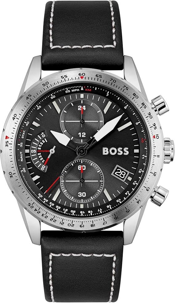 BOSS Men's 44mm Chronograph Quartz Watch Pilot Edition Chrono with Black Dial, Black Leather Strap, Date Fuction, 3 Sub-Dials, 5ATM Water Resistance - 1513853