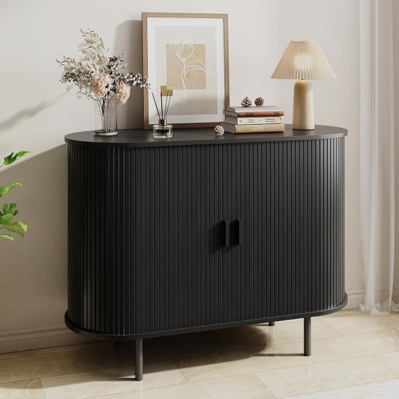 Sideboard Sideboard with Storage, 101.6 cm Fluted Cabinet with Sliding Door and Adjustable Shelf, Modern Bar Console Table for Kitchen, Entryway, Black
