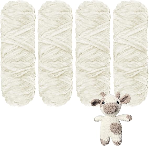Crochet Yarn Chunky Yarn for Crochet Chunky Wool for Knitting 100g Balls x 4 Chenille Yarn Wool for Crochet Kits for Beginners Adults for Handmade Crafts Hats Blankets Scarves（White-4pcs-400g）