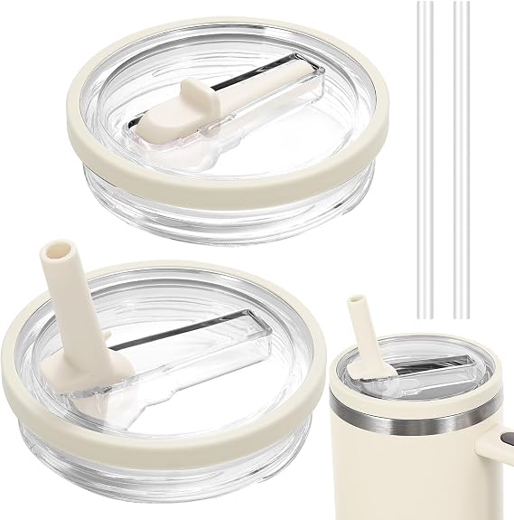 2 Cup Replacement Lids for Stanley, 40 oz Reusable Stanley Cup Lids with 2 Plastic Straw, Leak Proof and Dust Proof (Beige)