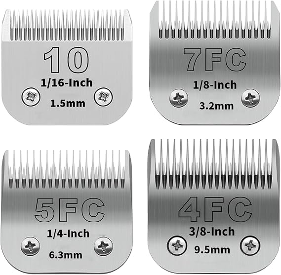 4-Pack Detachable Dog Grooming Clipper Blades with Blade Case Holder – Silver Stainless Steel – Compatible with Andis, Oster A5, Wahl KM10, Moser, Heiniger – 1/16" to 3/8" Cut Length (10+7FC+5FC+4FC)