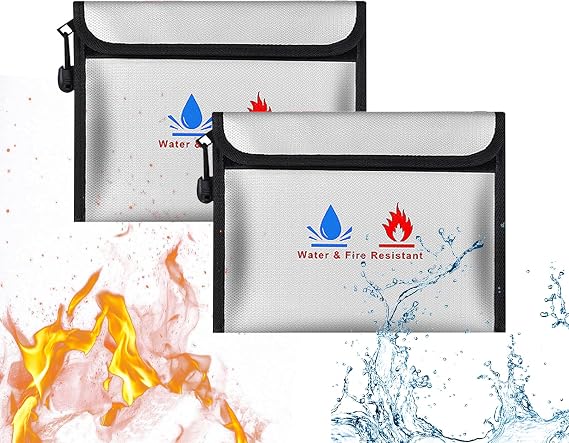 2 x Fireproof Document Bags, 9 x 6.9 Inches Waterproof and Fireproof Document Bags for Documents, Money, Passport, Bank Files and Cash (Gray)
