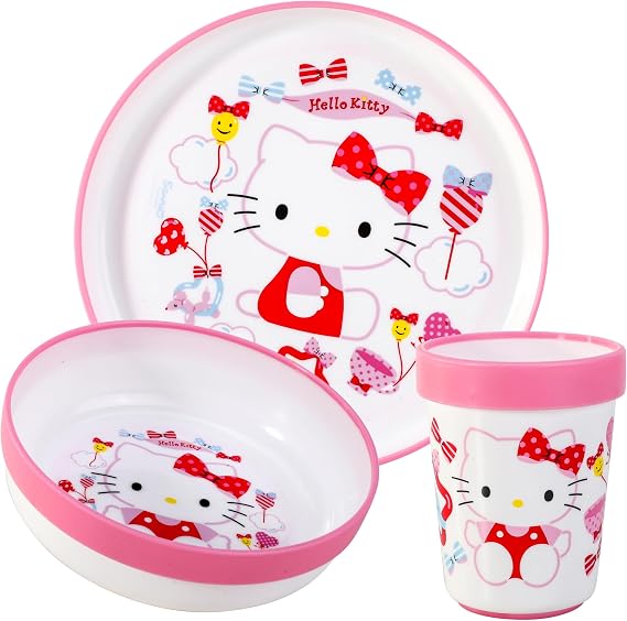 Hello Kitty 3pcs Reusable Bicolor Premium Kids Dinner Tableware Set Plate, Bowl & Tumbler, BPA Free