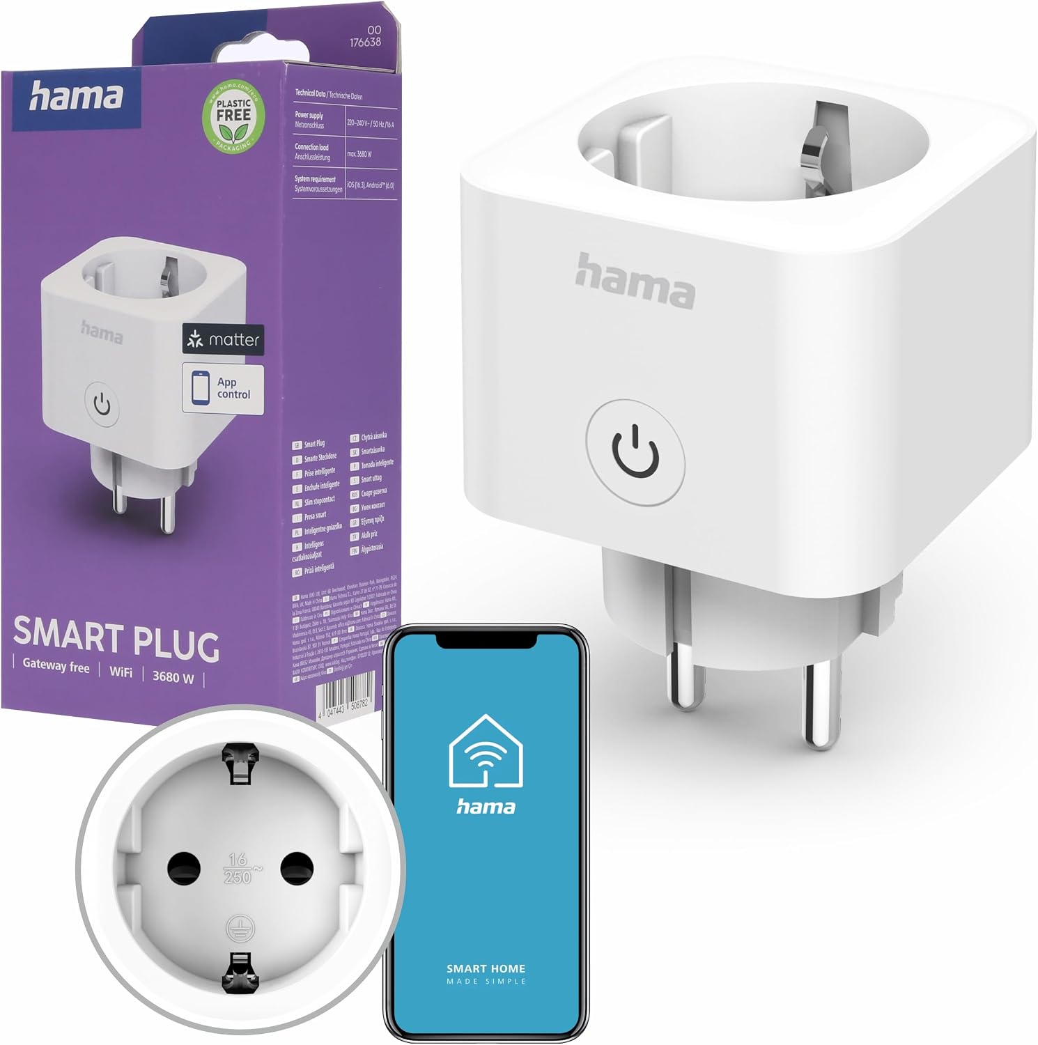 Hama WLAN Socket WLAN Controlled with Matte Smart Home Universal Smart App and Voice Control Smart Home Socket as Timer Switch Radio Socket 3680 W